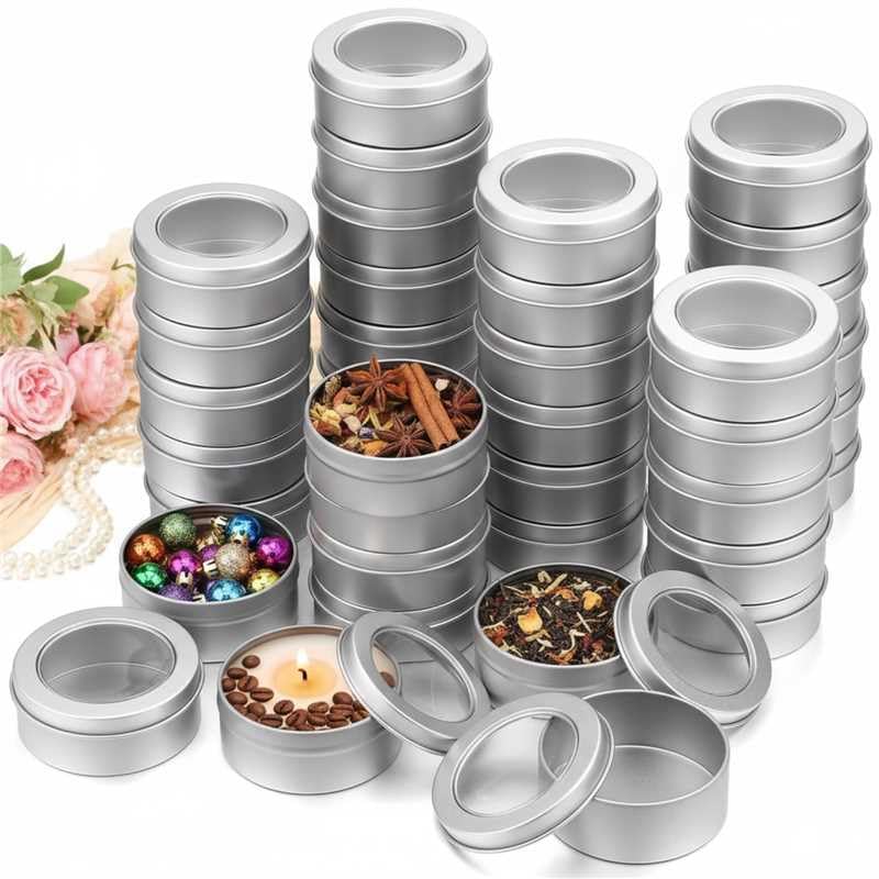 TecUnite 40 Pack 2 Ounce Metal Tin Cans Round Empty Container Salve Tins with Clear Lid for Kitchen, Office, Candles, Candies - Image 1